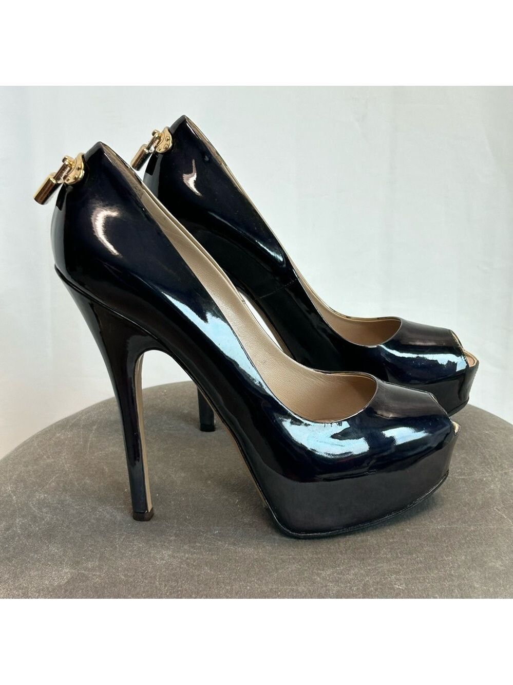 Louis Vuitton Black Patent Leather Lock It Peep Toe Platform Pumps high heels 40
